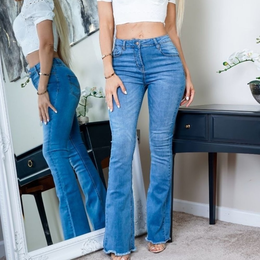 High Waist Frayed Hem Skinny Slim Flare Jeans